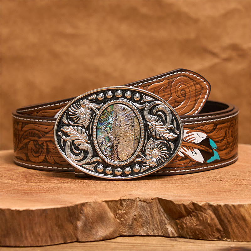 Silver Black Carved Shell DIY Buckle Leather Belt - Brown Feather Belt - 40 - image 8