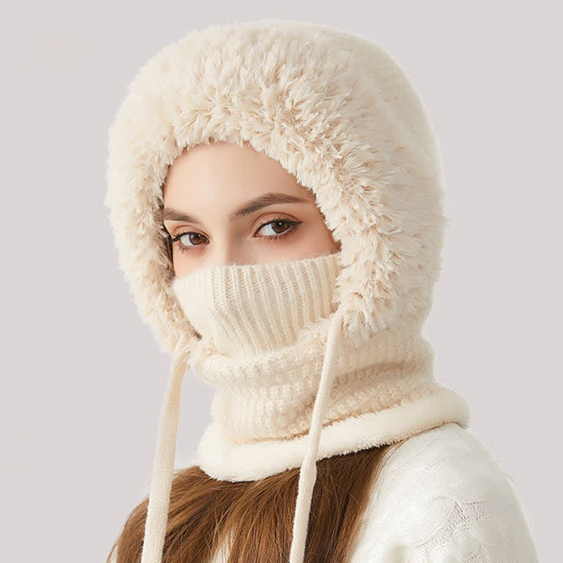 3 In 1 Plush Knitted Beanie Hat With Scarf And Mask - Ivory - M (22"-22 7/8") - image 11