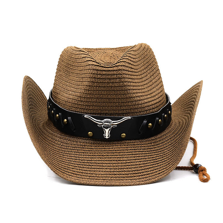 Western Silver Bull Head Black Brim Belt Men's Straw Hat - image 1