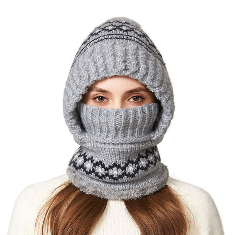 3 In 1 Ethnic Jacquard Knitted Beanie Hat With Scarf And Mask - Gray - Adjustable (21 5/8"-22 7/8") - image 13