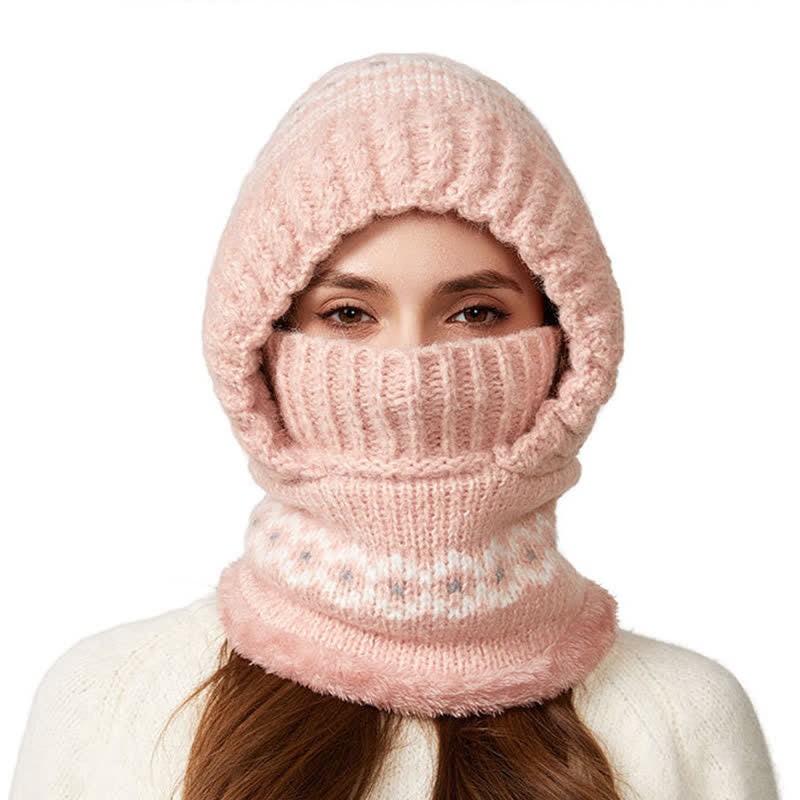 3 In 1 Ethnic Jacquard Knitted Beanie Hat With Scarf And Mask - Pink - Adjustable (21 5/8"-22 7/8") - image 16