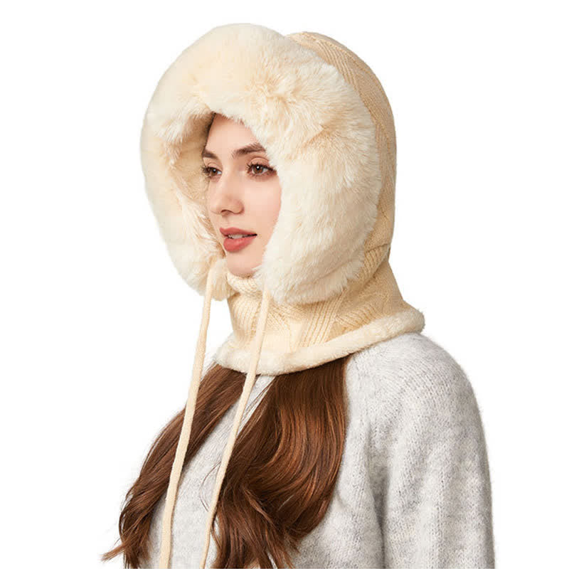 3 In 1 Plush Twill Weave Knitted Beanie Hat With Scarf And Mask - Beige - M (22"-22 7/8") - image 8