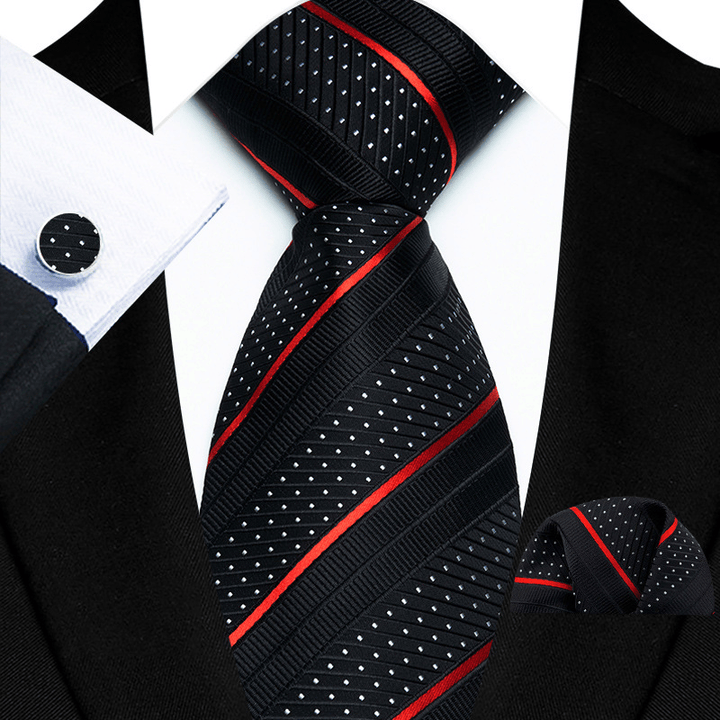 3Pcs Men's Black Red Stripe White Dot Necktie Set - Black - image 0