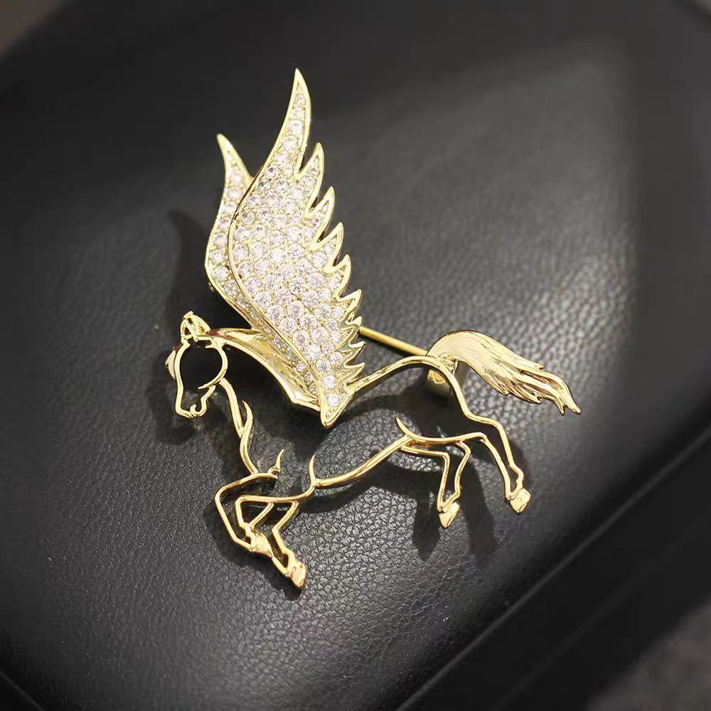Exquisite Hollowed Out Diamond Studded Pegasus Brooch - Golden - image 0