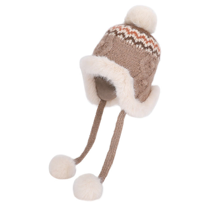 Women's Winter Knitted Textured Hat With Plush Balls - Khaki - Adjustable(21 5/8"-23 5/8") - image 1
