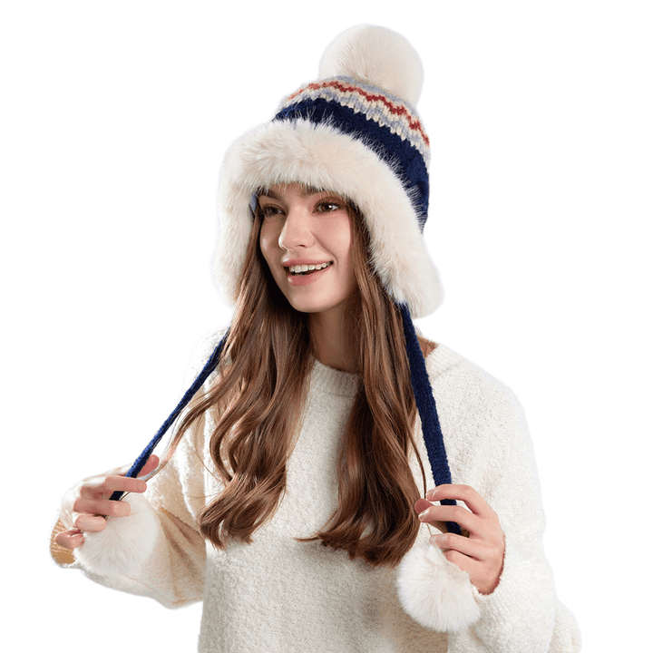 Women's Winter Knitted Textured Hat With Plush Balls - image 2