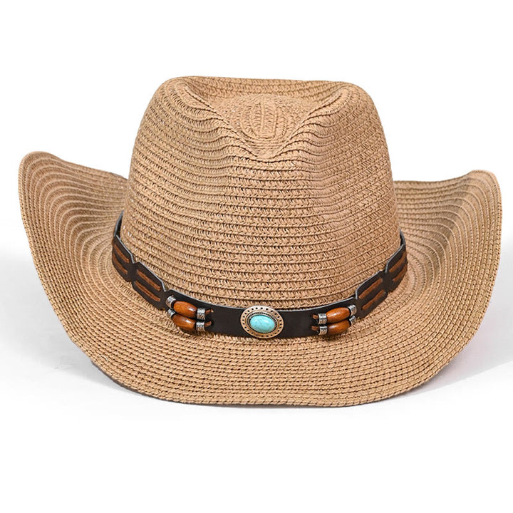 Bohemian Turquoise Brim Belt Men's Straw Cowboy Hat - image 1