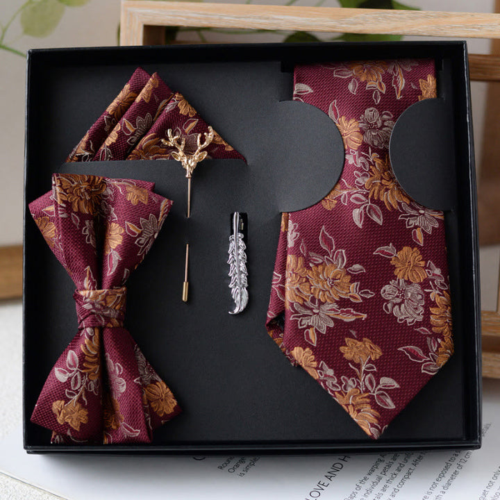 5Pcs Men's Burgundy Flower Pattern Bow Ties Gift Box - Burgundy - image 0
