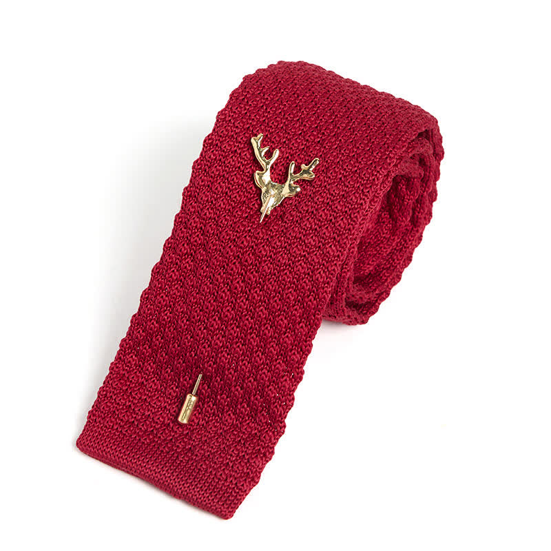 Men's Festival Knitted Necktie With Deer Brooch Pin - Burgundy & Gold - image 14