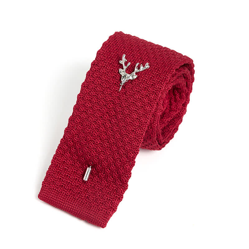 Men's Festival Knitted Necktie With Deer Brooch Pin - Burgundy & Silver - image 18