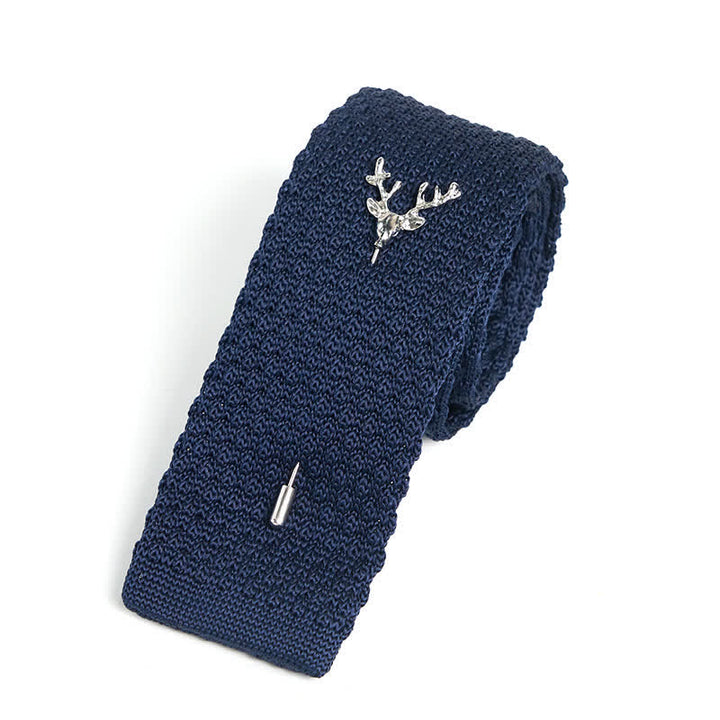 Men's Festival Knitted Necktie With Deer Brooch Pin - Navy & Silver - image 11