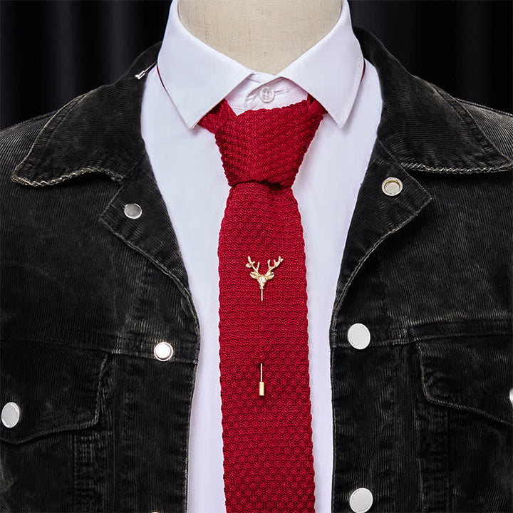 Men's Festival Knitted Necktie With Deer Brooch Pin - image 15