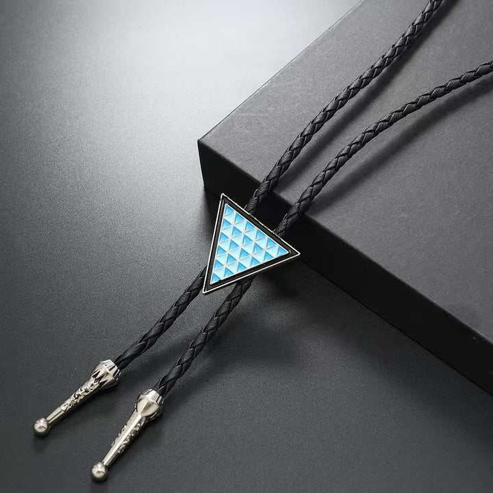 Geometric Triangle Pattern Metal Braided Leather Bolo Tie - Silver - image 1