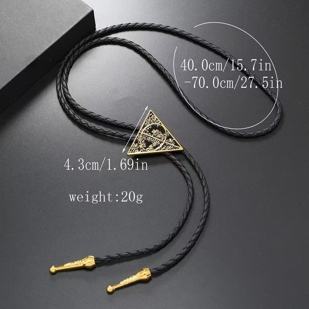 Geometric Triangle Pattern Metal Braided Leather Bolo Tie - image 3