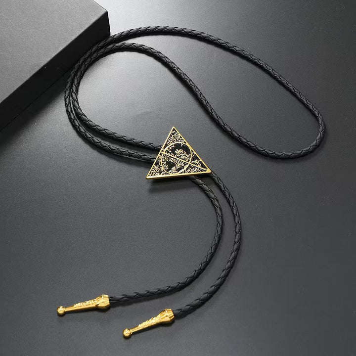 Geometric Triangle Pattern Metal Braided Leather Bolo Tie - Gold - image 2