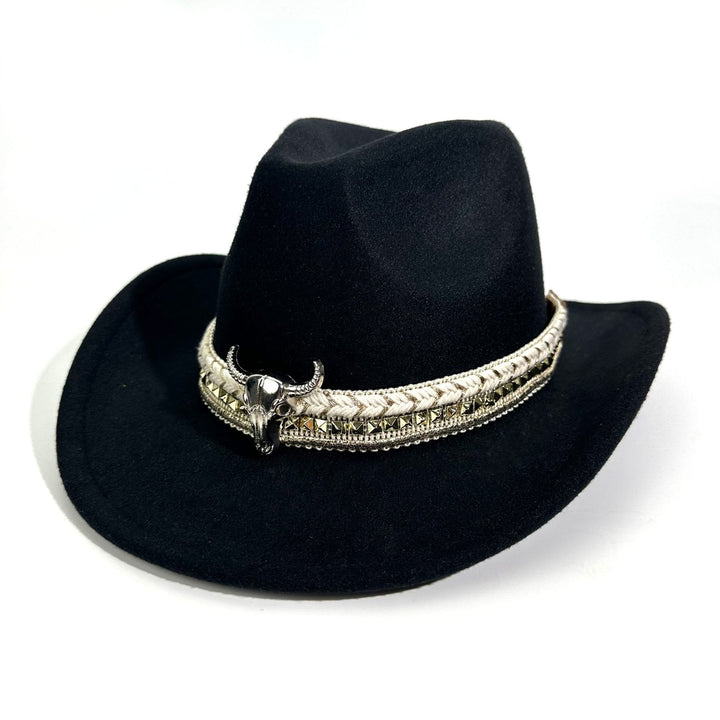 Men's Western Style Metal Bullhead Brim Belt Cowboy Hat - Black - M (22"-22 7/8") - image 0
