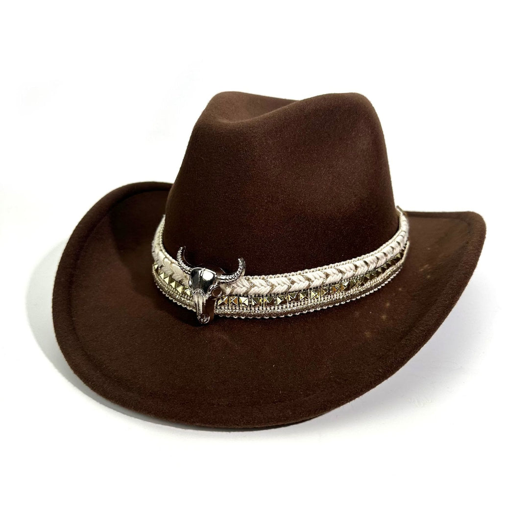 Men's Western Style Metal Bullhead Brim Belt Cowboy Hat - Coffee - M (22"-22 7/8") - image 2