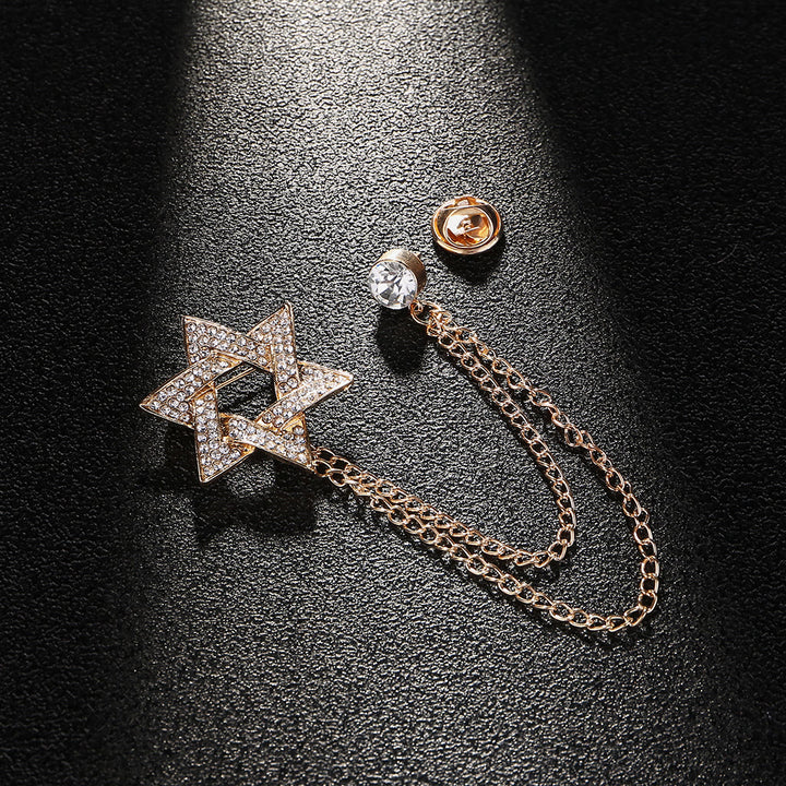 Men's Rhinestone Star of David Chain Brooch - Gold - image 1