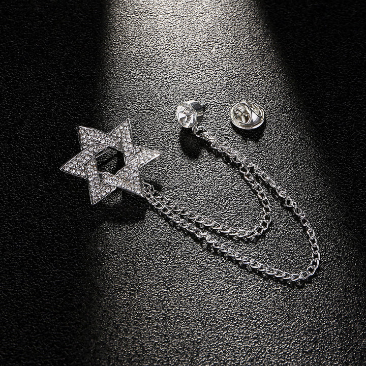 Men's Rhinestone Star of David Chain Brooch - Silver - image 2