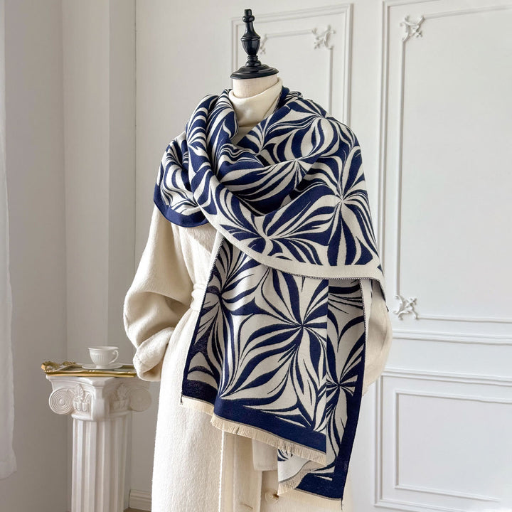 Women's Winter Stylish Leaf Pattern Black White Shawl Scarf - Blue - image 2