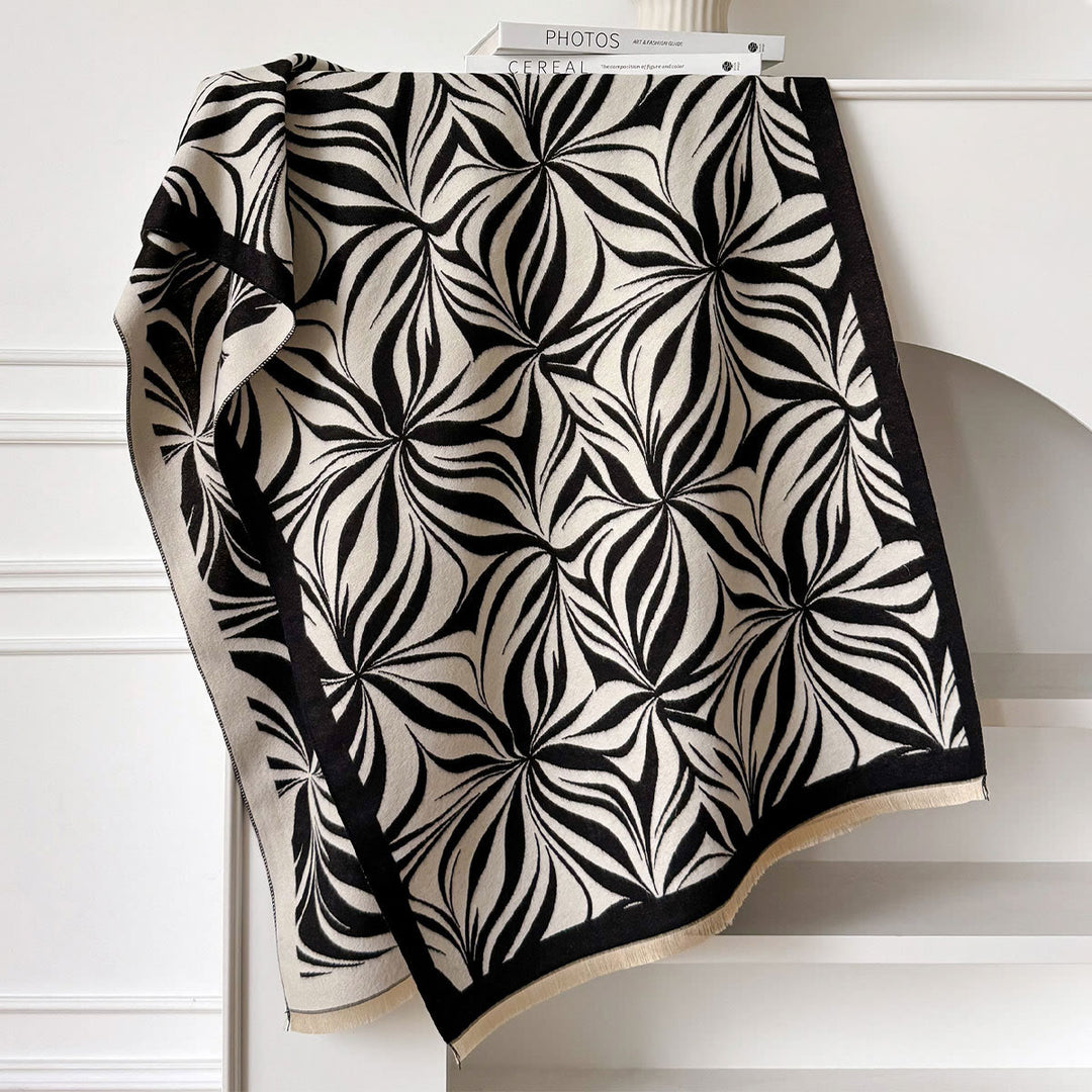 Women's Winter Stylish Leaf Pattern Black White Shawl Scarf - image 4