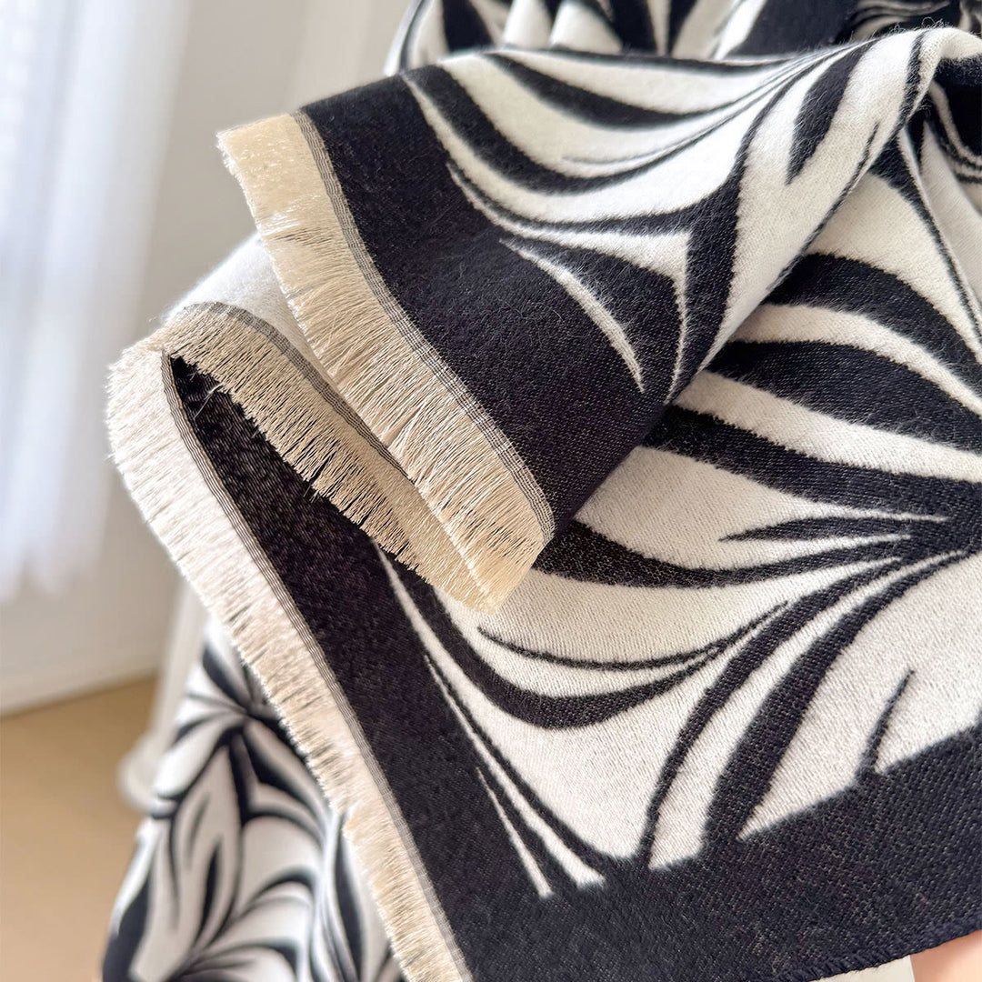 Women's Winter Stylish Leaf Pattern Black White Shawl Scarf - image 6