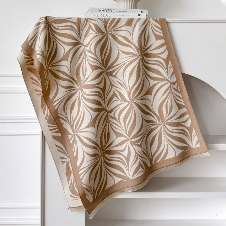 Women's Winter Stylish Leaf Pattern Black White Shawl Scarf - Khaki - image 3