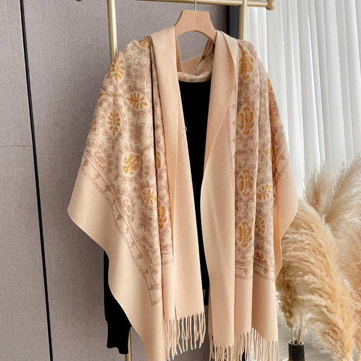 Women's Vintage Floral Pattern Fringed Shawl Scarf - Skin Tone - image 9