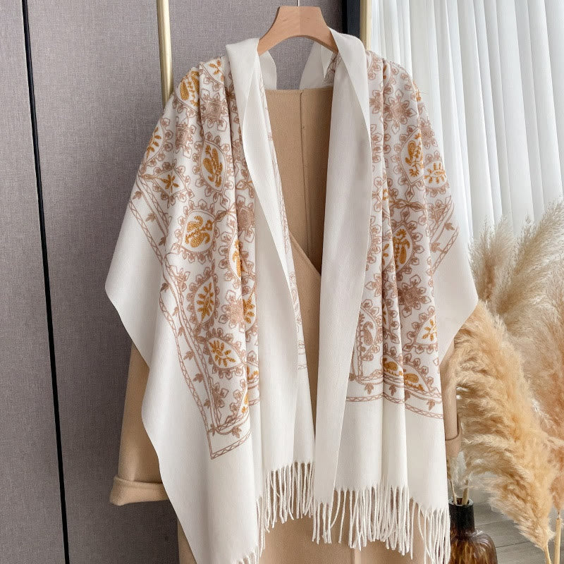 Women's Vintage Floral Pattern Fringed Shawl Scarf - White - image 0