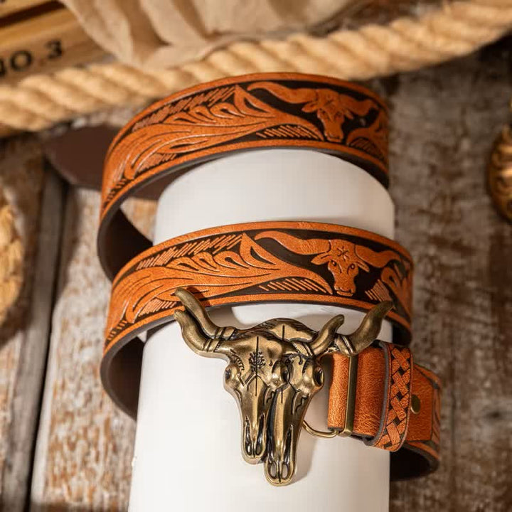 Double Bull Heads Western Embossed Leather Belt - image 2