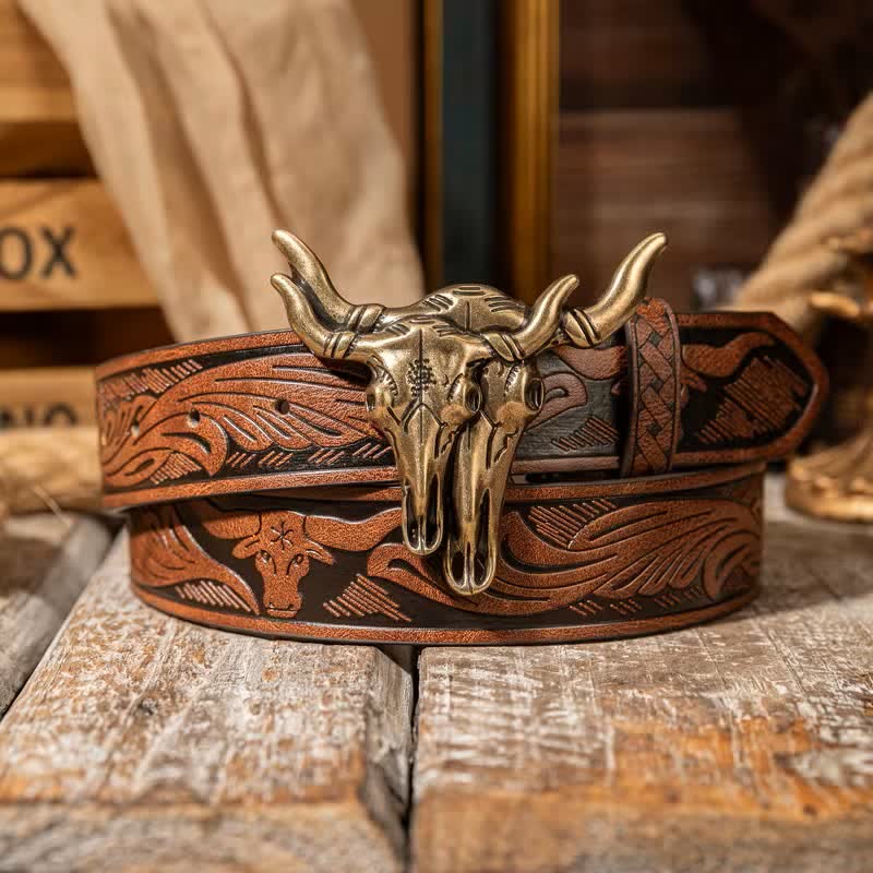 Double Bull Heads Western Embossed Leather Belt - Brown / Bronze - 38 - image 7
