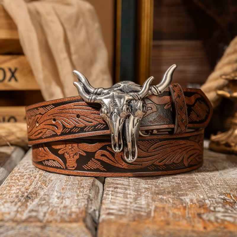 Double Bull Heads Western Embossed Leather Belt - Brown / Silver - 38 - image 8