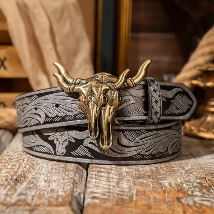 Double Bull Heads Western Embossed Leather Belt - Gray / Bronze - 38 - image 5