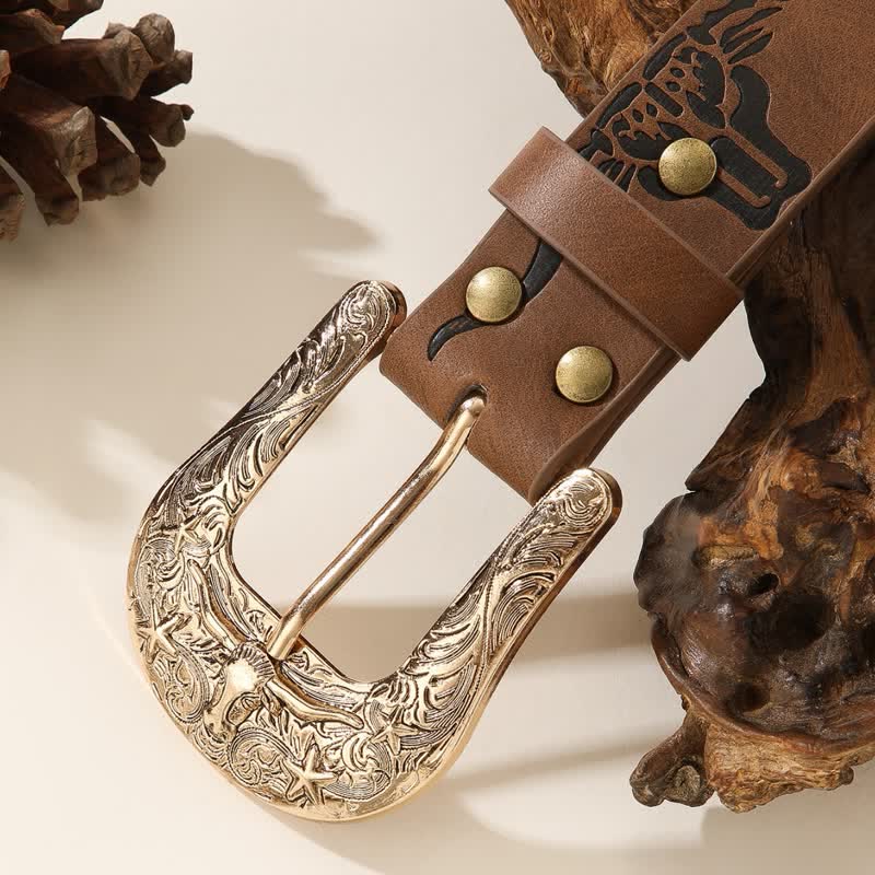 Bold Embossed Longhorn Bull Head Pattern Leather Belt - image 5