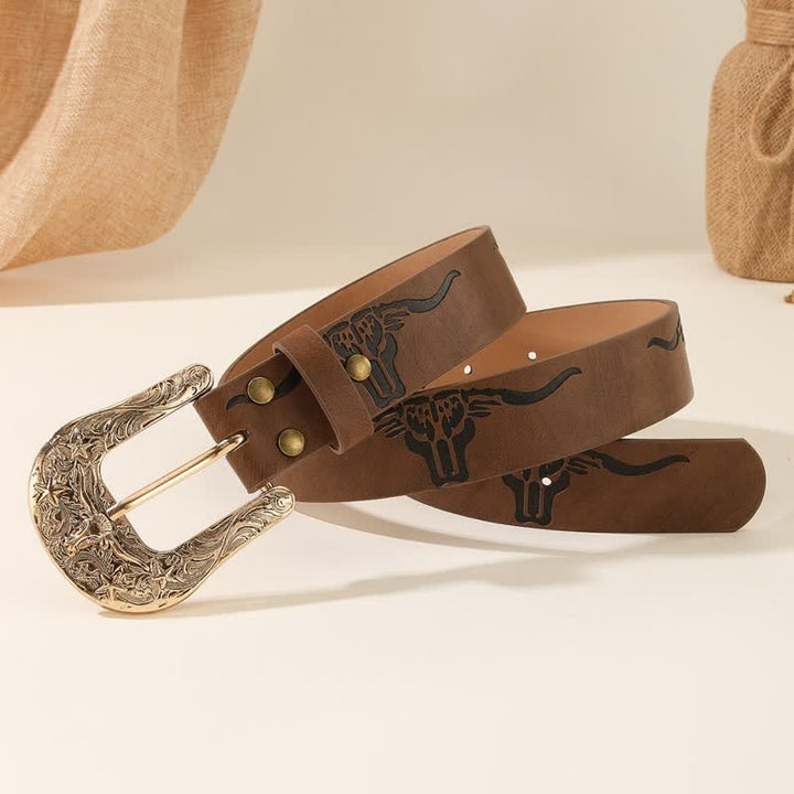 Bold Embossed Longhorn Bull Head Pattern Leather Belt - image 7