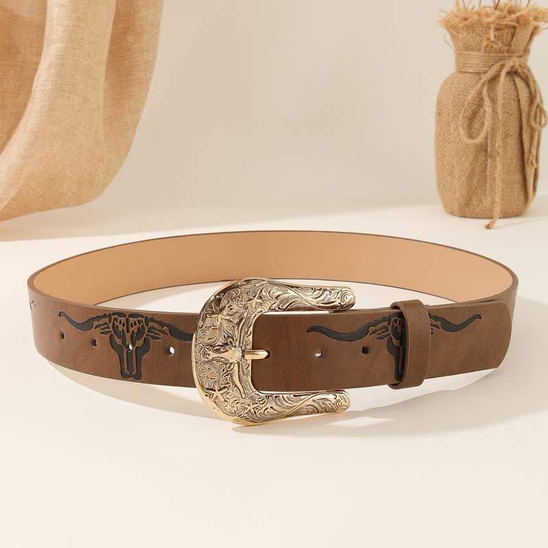 Bold Embossed Longhorn Bull Head Pattern Leather Belt - image 6