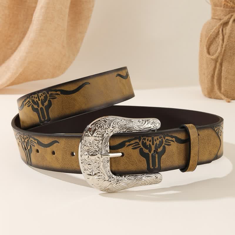 Bold Embossed Longhorn Bull Head Pattern Leather Belt - Amber - 42 - image 0