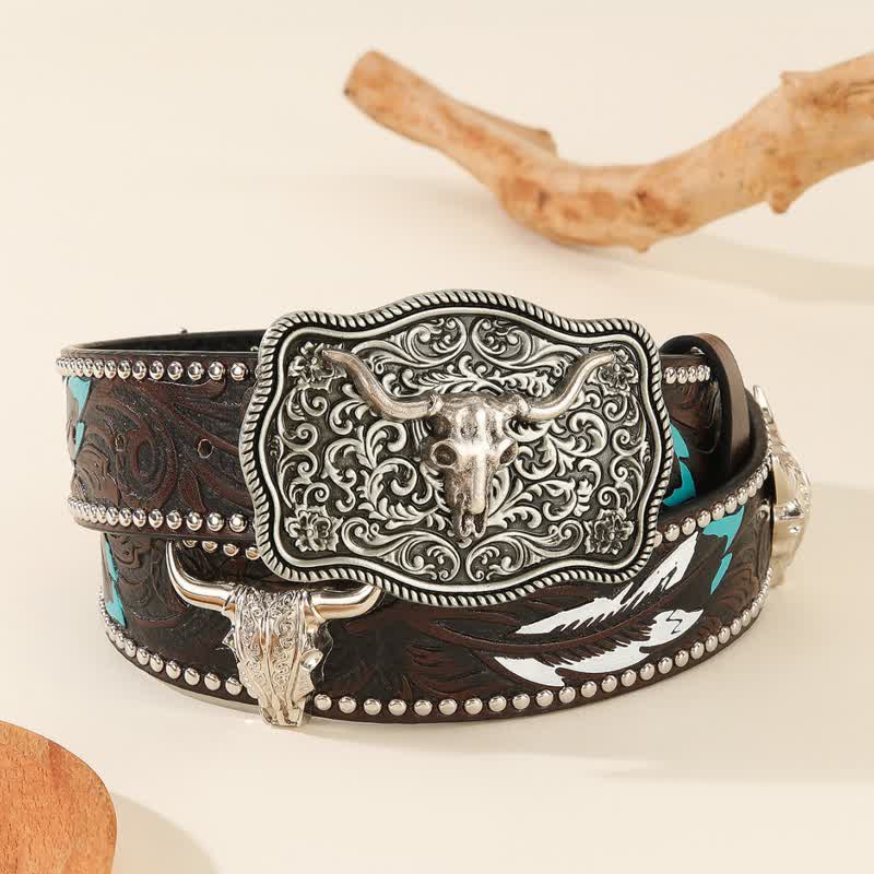 Bull-Shaped Rivet Feather Pattern Embossed Leather Belt - Coffee - 42 - image 0