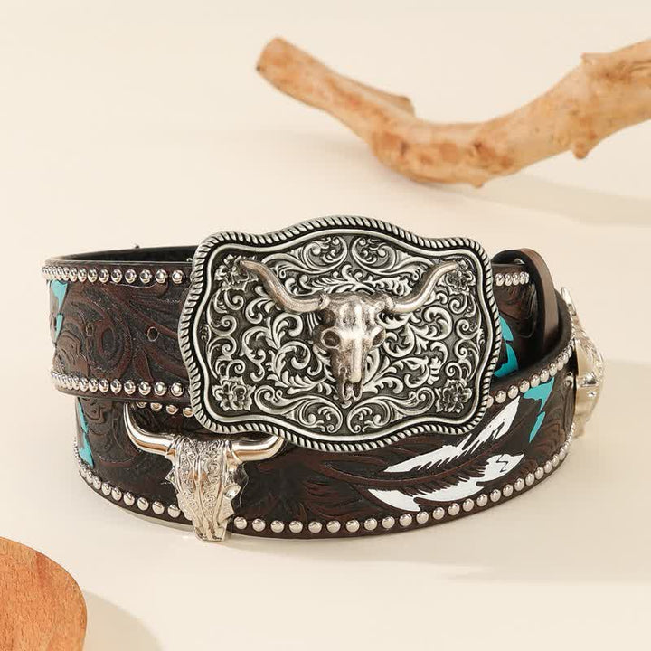 Bull-Shaped Rivet Feather Pattern Embossed Leather Belt - Coffee - 42 - image 0