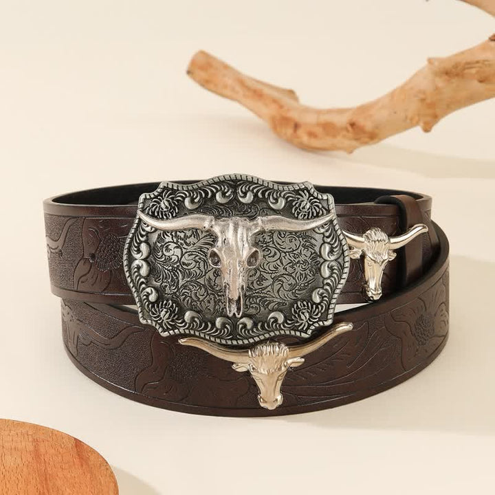 Western Charming Bull-Shaped Rivet Leather Belt - Brown - 42 - image 0
