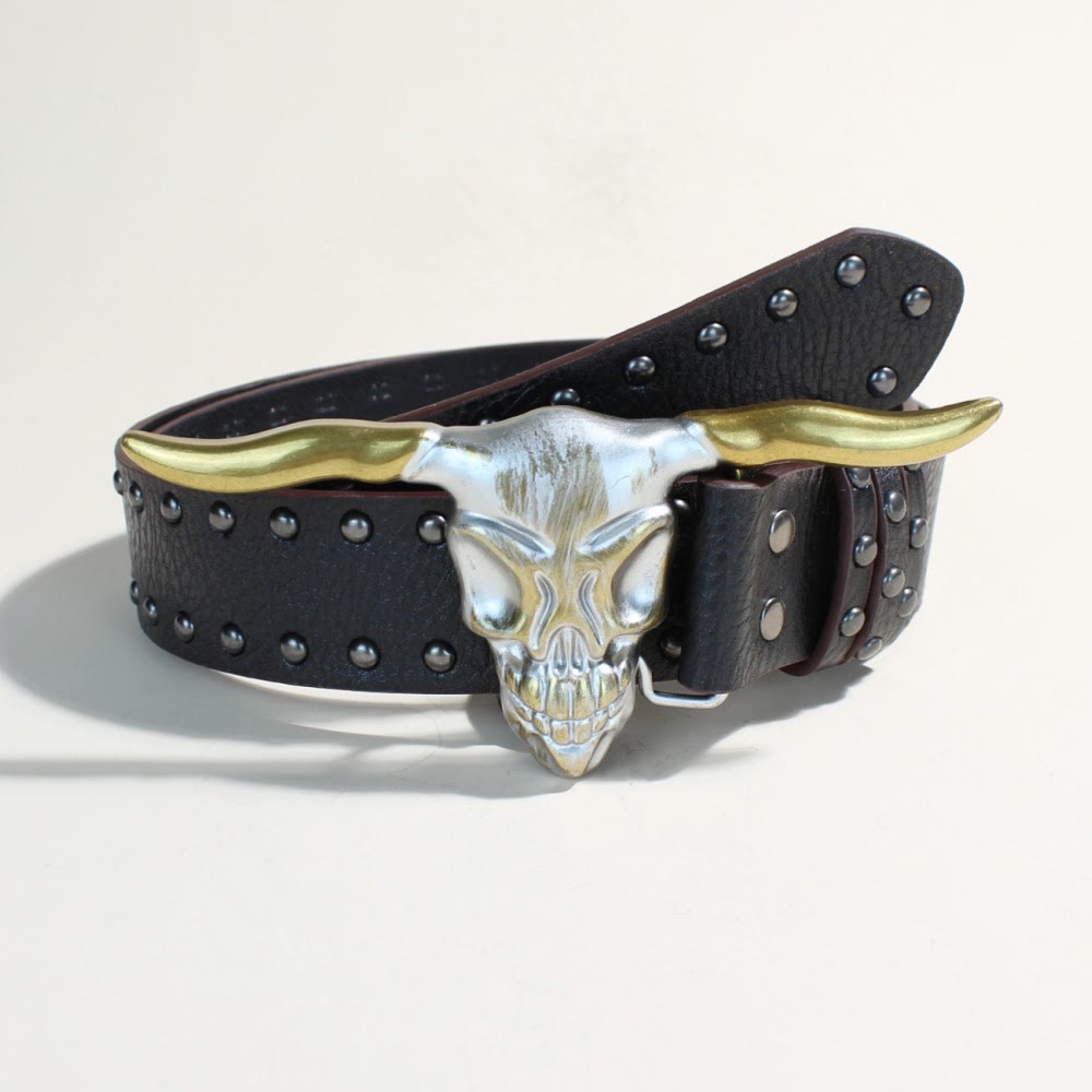 Men's Western Style Golden Longhorn Bull Head Buckle Rivet Belt - Golden Longhorn Bull Head - Black Rivets - 34 - image 0