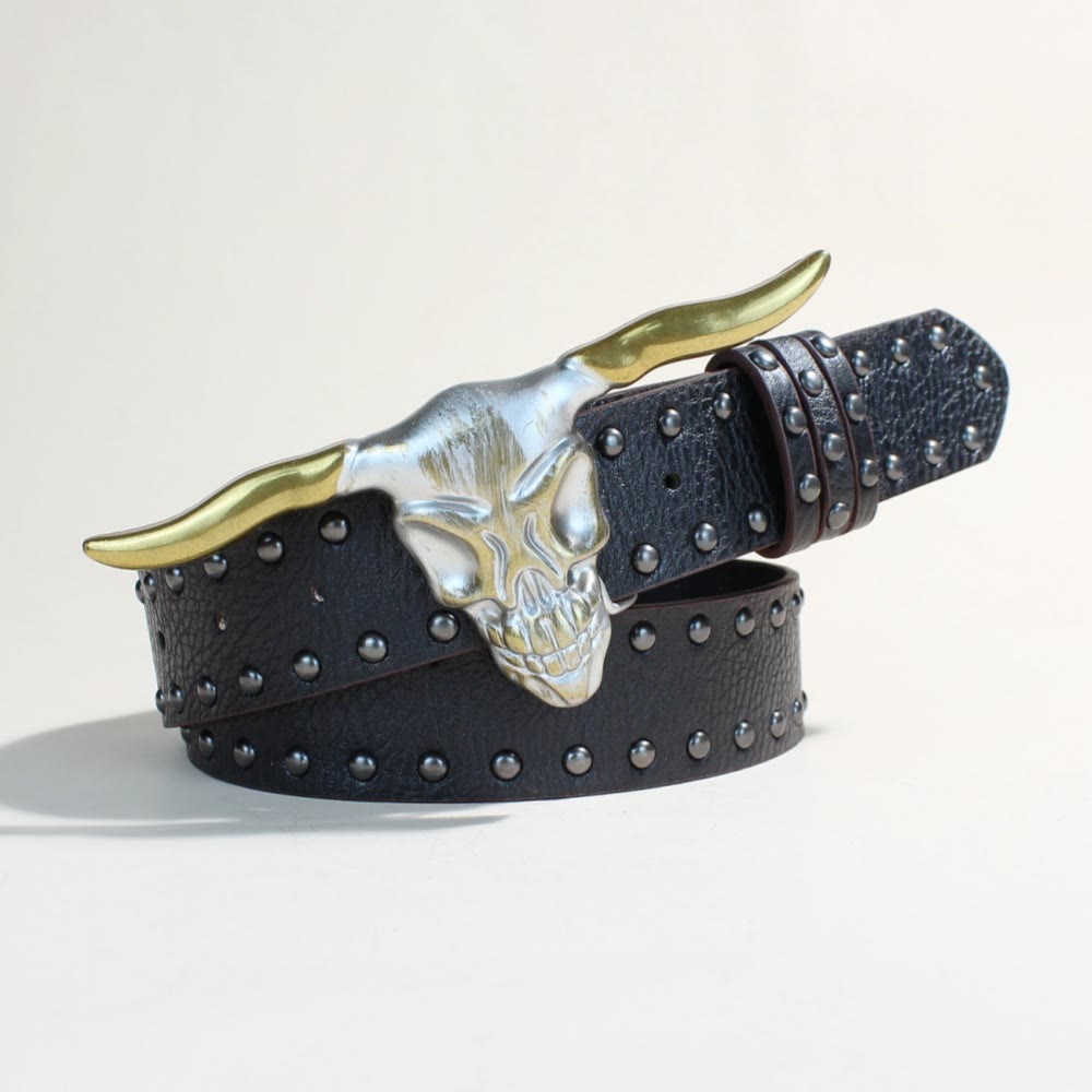 Men's Western Style Golden Longhorn Bull Head Buckle Rivet Belt - image 1