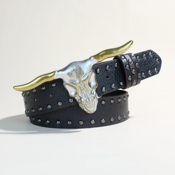 Men's Western Style Golden Longhorn Bull Head Buckle Rivet Belt - image 1