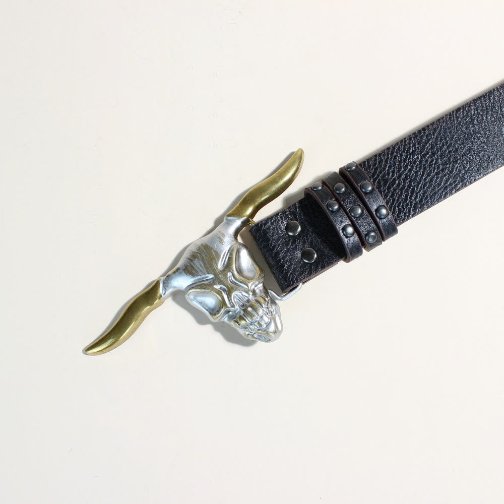 Men's Western Style Golden Longhorn Bull Head Buckle Rivet Belt - image 2