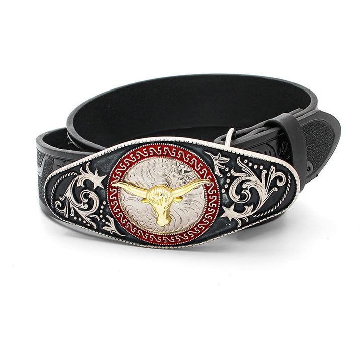 Men's Golden Bull Head Pattern Buckle Black Carved Belt - image 1