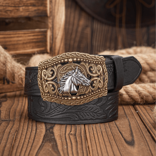 Men's Silver Horse Head Hollow Buckle Carved Belt - Silver Horse Head - Black - 38 - image 1
