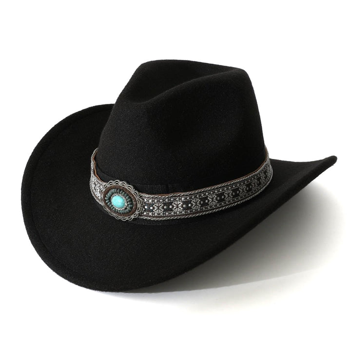 Men's Western Style Turquoise Patterned Brim Belt Cowboy Hat - Black - M (22"-22 7/8") - image 0