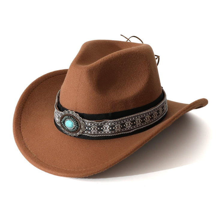 Men's Western Style Turquoise Patterned Brim Belt Cowboy Hat - Brown - M (22"-22 7/8") - image 7