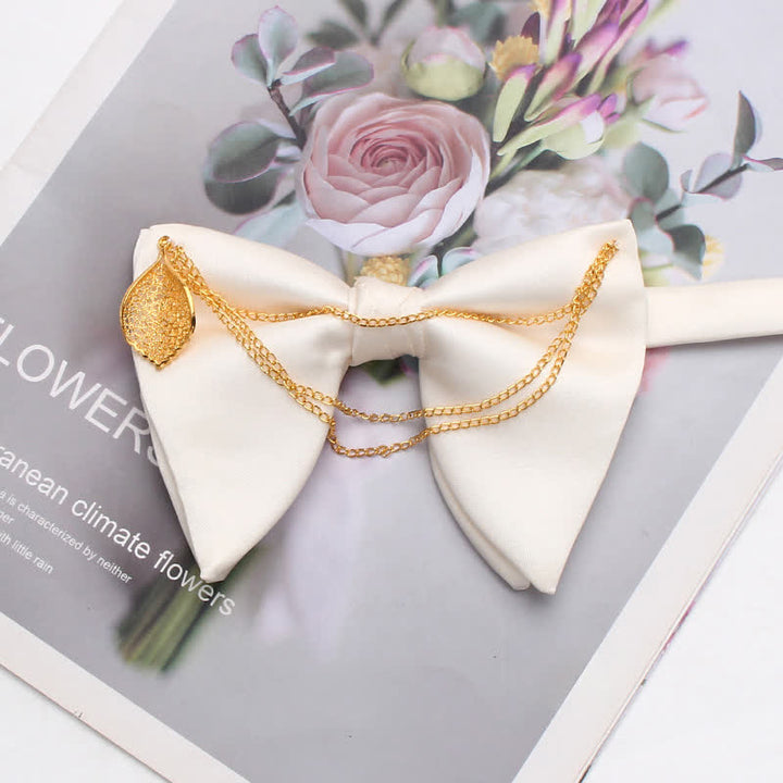 Gold Leaf Decor Oversized Pointed Bow Tie With Chain - Ivory - image 5