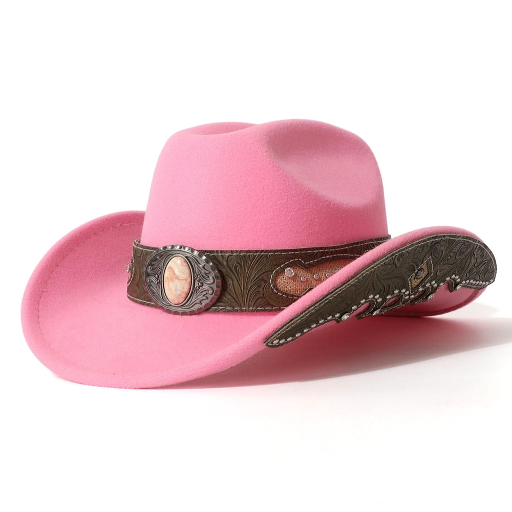 Men's Textured Stone Rivet Patterned Brim Belt Cowboy Hat - Pink - M (22"-22 7/8") - image 1